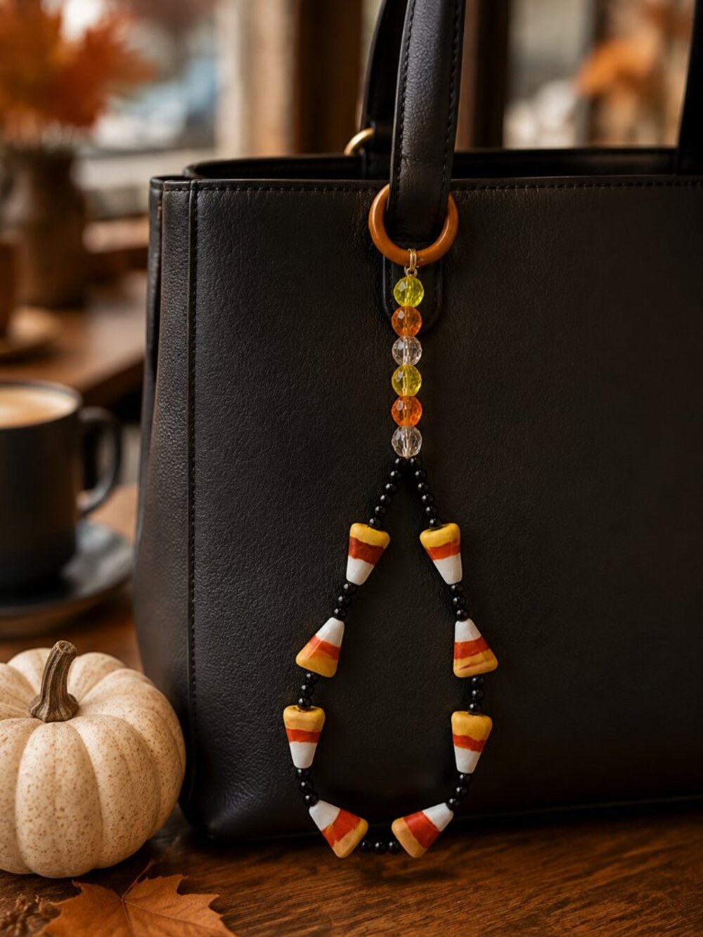 Handmade Candy Corn Beaded Bag Charm, Halloween Keychain